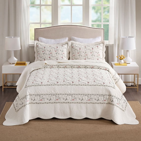 3Pcs 100% Cotton Embroidery Delicate Floral Quilt Bedspread Set