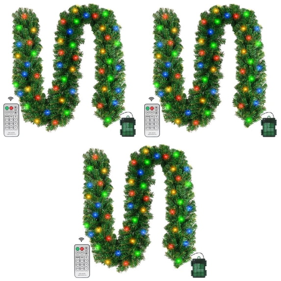 3Pcs 10ft Pre-Lit Artificial Garland with Color Changing LEDs, Festive Green Pine Greenery for Indoor Outdoor Christmas Decoration