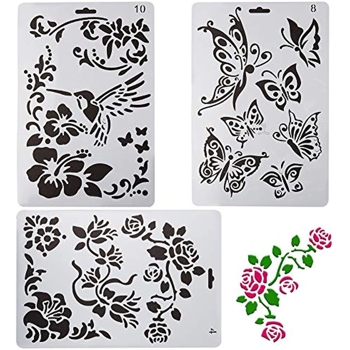 3Pcs 10x7 Inches Flower Butterfly Bird Stencil Template Mixed Plastic