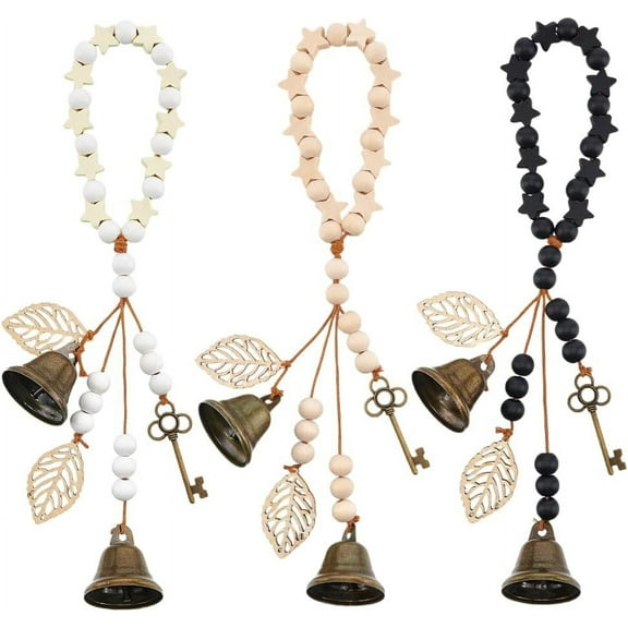 3Pcs 11.8 Inch Witch Bells for Door Knob Witchcraft Bells with Wood Beads Leaf Pagan Bell Decor Antique Magic Keys Star Wood Beads Hanger Witch Bells for Witchy Room Home Decor Witch Supplies