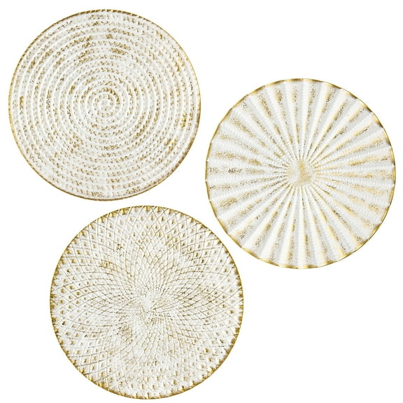 3Pcs 12" Gold Wall Decor Metal White Washed Starbursts Radial Plate Wall Art Modern Accent Hanging Wall Home Decorations