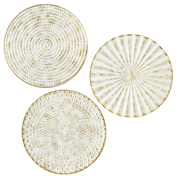 3Pcs 12" Gold Wall Decor Metal White Washed Starbursts Radial Plate Wall Art Modern Accent Hanging Wall Home Decorations
