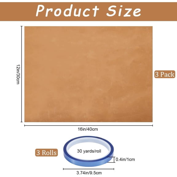 3Pcs 12x16 Sheet with 3 Rolls 10mmx27m Blue Plastic Heat Tape High Temp Transfer Resistant Thermal Tapes Non Stick Sheets for Heat Press Sublimation Reusable Craft Mat