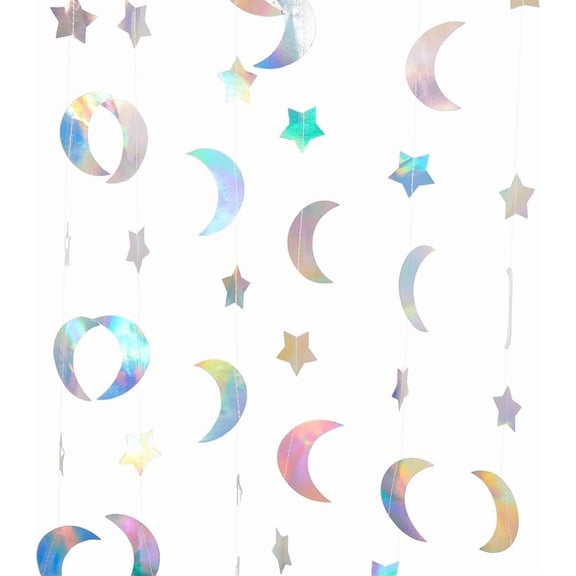 3Pcs 13 Feet Iridescent Disco Party Decorations Paper Heart Moon Star Garland Hanging Decoration Neon Streamers Banner for DIY Wedding Birthday Bachelorette Engagement Valentines Day Decor