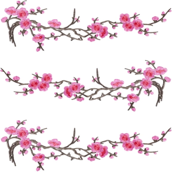 3Pcs 15" Embroidery Cherry Blossom Iron On Patches Plum Blossom Applique Patches Embroidered Patch Iron On/Sew On Flowers Branches Vines for DIY Jeans Denim Clothes Dresses Skirt,
