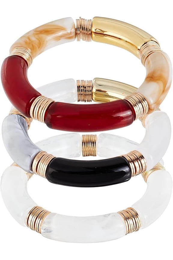 3Pcs 2-1/8 inch Bamboo Tube Bangle Bracelets Colorful Acrylic Beaded Bracelets Stylish Chunky Gold Stacking Bangles Elegant Summer Beach Vacation Jewelry for Woman Men