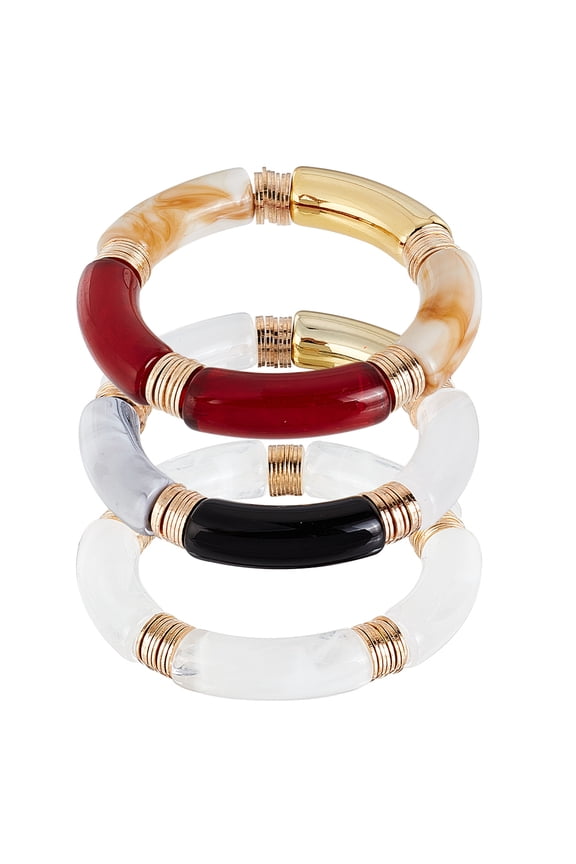 3Pcs 2-1/8 inch Bamboo Tube Bangle Bracelets Colorful Acrylic Beaded Bracelets Stylish Chunky Gold Stacking Bangles Summer Beach Vacation Jewelry