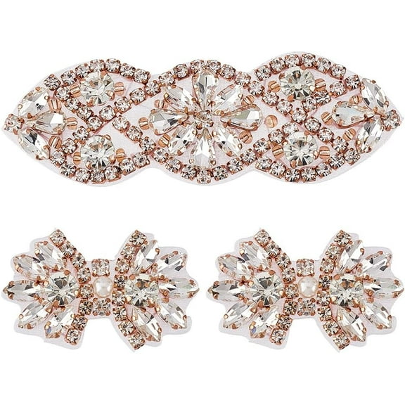 3Pcs 2 Style Glitter Hotfix Rhinestone Applique Rose Gold Iron on/Sew Rhinestone Patch Flower Shape Applique Patch for Wedding Dress Bridal Headpiece Belt Shoes or Bags