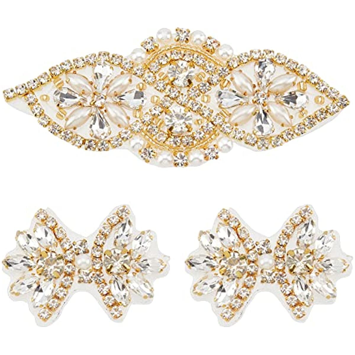 3Pcs 2 Style Rhinestone Applique with Beads for Wedding Dress Gold Iron  on/Sew Rhinestone Patch Rhinestone Sewing Flower Shape Hotfix Applique for  Dress Headpiece Belt Shoes or Bags 