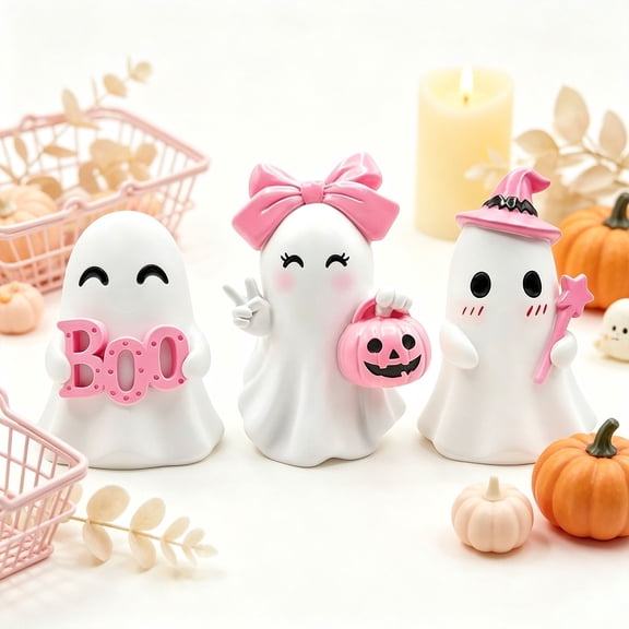 3Pcs 2026 Classic Style Pastel Pink & White Resin Ghost Figurines, 3.7 Inch Cute Halloween Tabletop Decor, Tiered Tray Mantel Desk Ornaments for Home Office Classroom Halloween Decoration
