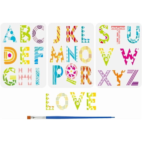 3Pcs 26 Letter Drawing Stencil with Paint Brush 11.7x8.3inch 26 Alphabet Painting Template Cartoon Doodle Floral Vine Geometry Pattern Stencil for Painting on Wood Wall Fabric Furniture for DIY