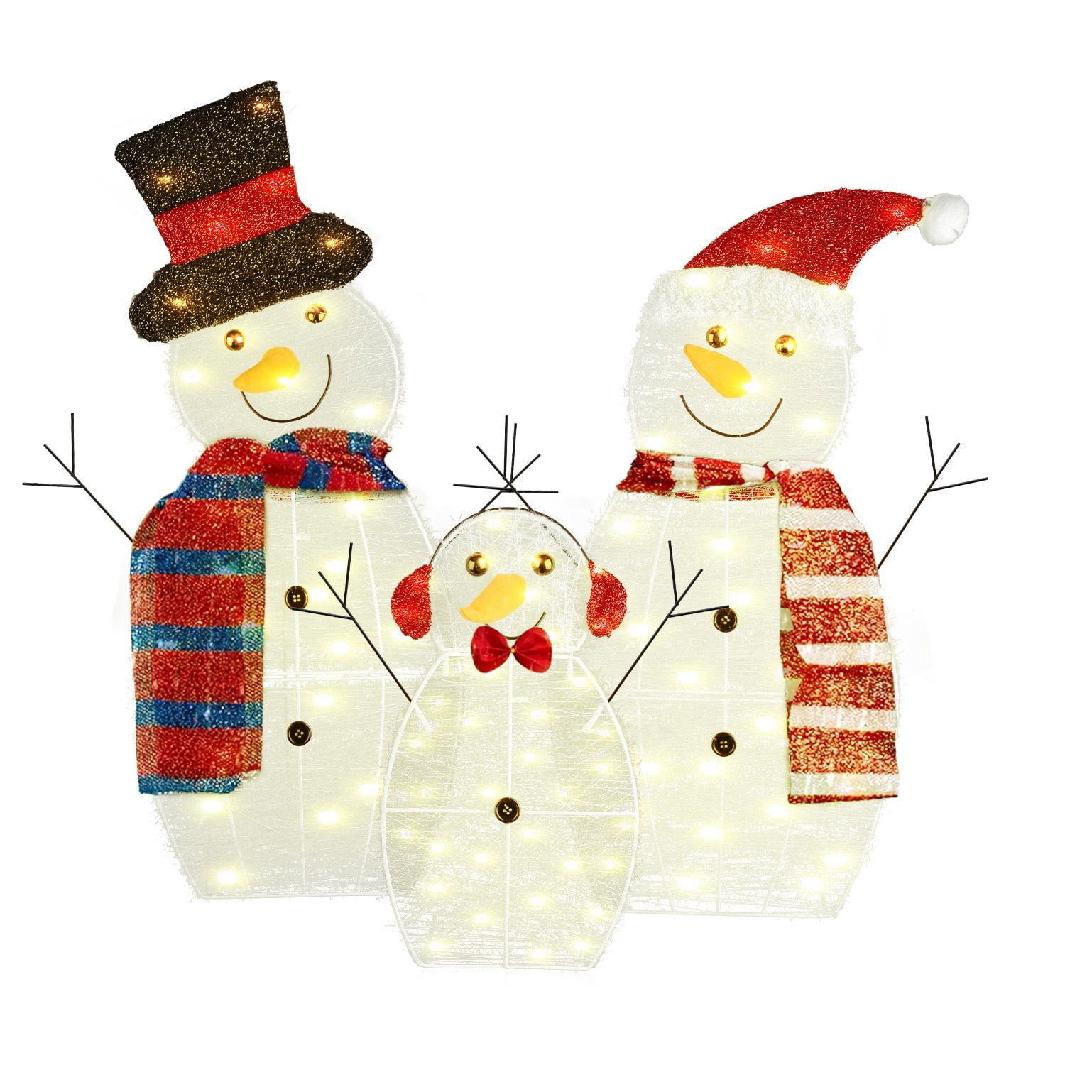 3Pcs 2D Christmas Snowman Yard Decoration Snowman Family Outdoor Decoration With 60Pcs LED Warm Yellow Lights IP44 Waterproof For Christmas Indoor Outdoor Holiday Display
