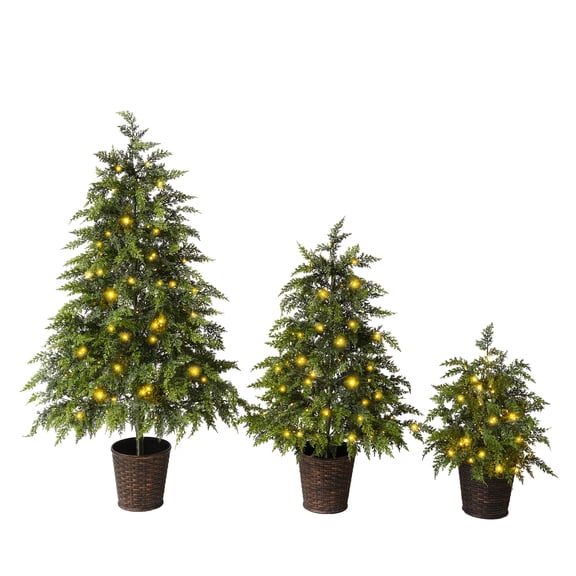 3Pcs (2FT 3FT 4FT) Pre-Lit Artificial Christmas Tree Set with Warm White LED Lights, Cascading PE Branches & Decorative Potted Bases for Indoor Holiday Decorations