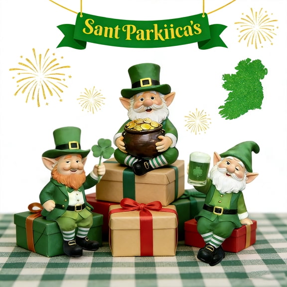 3Pcs 3.15 Inch St. Patrick’s Day Leprechaun Figurines, Lucky Irish Gnome Statues with Shamrock and Pot of Gold, Green Holiday Tiered Tray Home Decor
