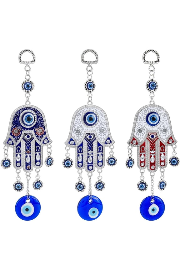 3Pcs 3 Cololrs Tribal Metal Pendant with Devil's Eye Design Hand Keychain Mixed Color 0.1cm 1pc/color