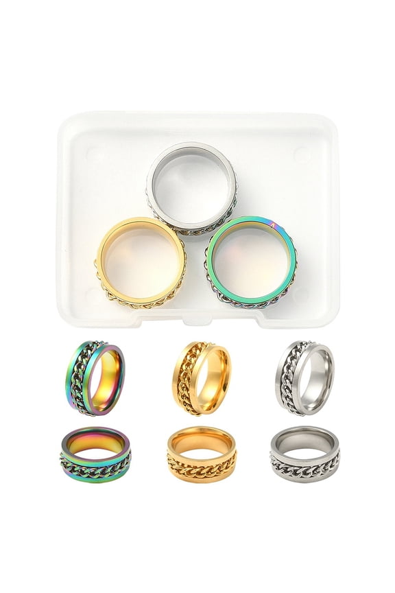 3Pcs 3 Colors 201 Stainless Steel Curb Chain Finger Rings Set for Women Mixed Color US Size 6 1/2(16.9mm) 1Pc/color