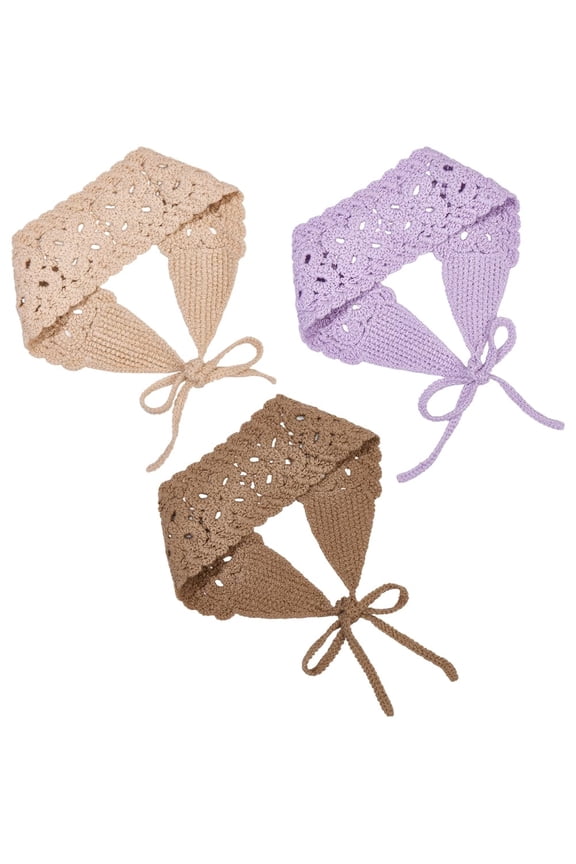 3Pcs 3 Colors Bandana Headbands Purple Beige Khaki Crochet Boho Hair Scarf Head Wrap Vintage Lace Hollow Polyester Headscarfs