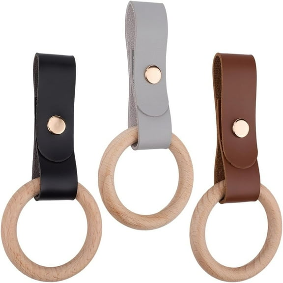 3Pcs 3 Colors Leather Towel Holder Hanging Loop Kitchen Hand Dish Towel Ring Wood Hooks Rack Storage Oven Door Hanger Clips for Kitchen Bathroom Cabinet Stove Sink Fridge 6.3 x 2.8 Inch