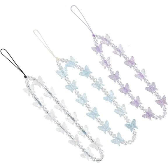 3Pcs 3 Colors Mobile Phone Straps Acrylic Butterfly Anti-lost Beaded Mobile Phone Rope Mobile Phone Chain Mixed Color 21cm 1pc/color