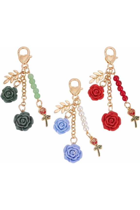 3Pcs 3 Colors Rose Keychain Pendant Flower Keyring Keychains with Chain Tassel Purse Charms Bag Charms diy