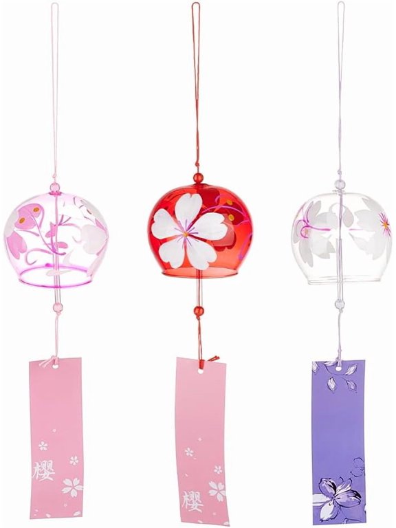 3Pcs 3 Colors Sakura Glass Wind Chimes Paper Blessing Hanging Pendant for Garden Patio Balcony Decoration Mixed Color 405mm