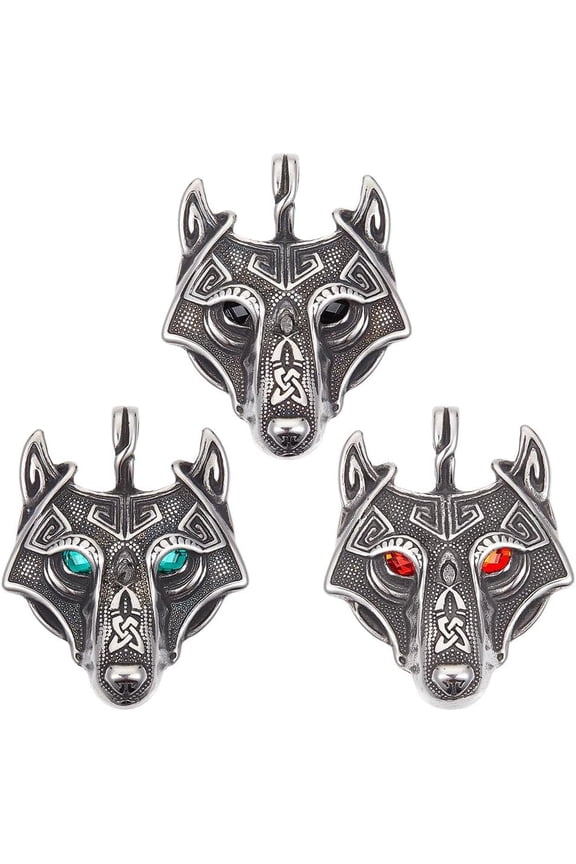 3Pcs 3 Colors Stainless Steel Wolf Pendant with Rhinestone Eyes Metal Tibetan Style Wolf Heads Hip Hop Norse Pendant for Men Necklace Jewelry Making