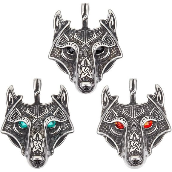 3Pcs 3 Colors Stainless Steel Wolf Pendant with Rhinestone Eyes Metal Tibetan Style Wolf Heads Hip Hop Norse Pendant