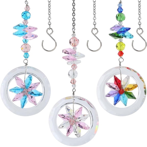 3Pcs 3 Colors Suncatcher Flower Rainbow Making Suncatcher with S Hook Clasps Faceted Colorful Floral Hanging Pendant Ornaments