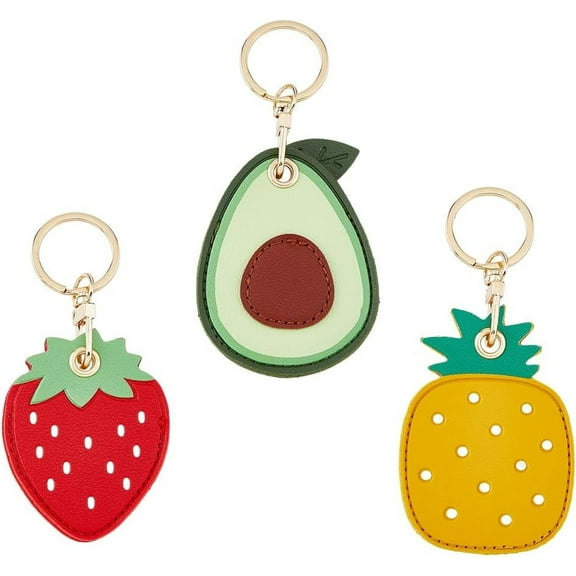 3Pcs 3 Fruit Style Cute PU Leather Protective Case Holder Universal Key Chains Additional Rings for Small Keys Anti-Lost D-Ring Carabiner Clip for Purse Backpack Ornament 75.5x58x11mm