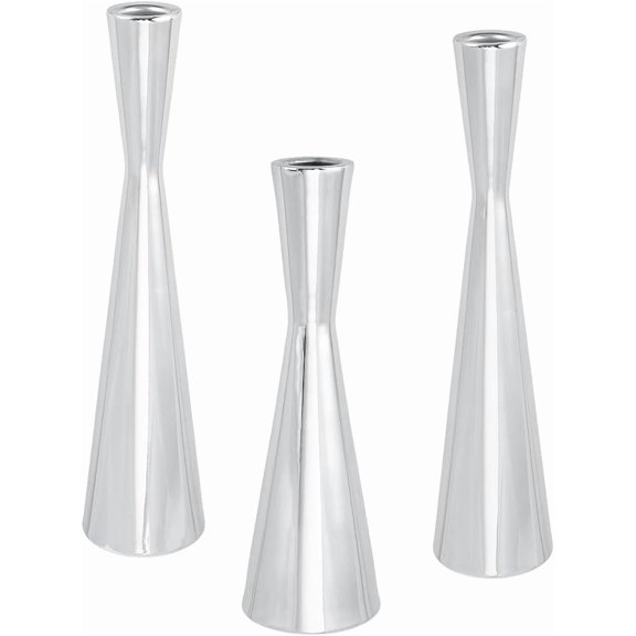 3Pcs 3 Size Silver Taper Candlestick Holders Metal Candle Stick Stand Decorative Centerpiece with Flat Round for Table Anniversary Wedding Party Dinning Table Centerpiece Platinum