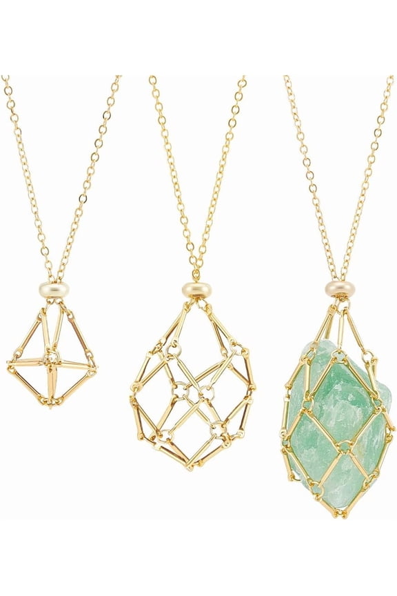 3Pcs 3 Sizes 18K Gold Plated Adjustable Crystal Necklace Holder Empty Stone Holder Nets Necklace Pendant with Empty Crystal Cage Metal Macrame Pouch for Pendant Necklaces Making