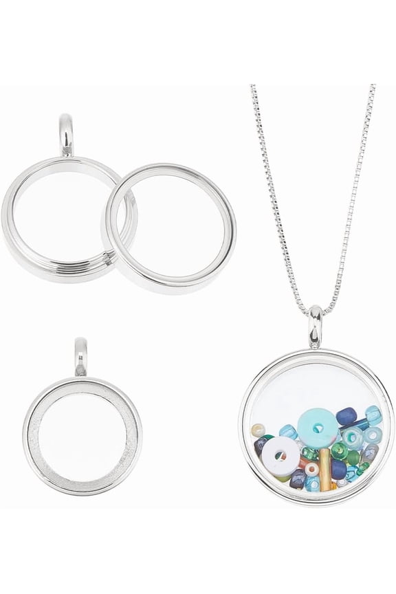 3Pcs 3 Sizes Round Locket Pendant Stainless Steel Memory Locket Charms Clear Picture Frame Charm Floating Charm Glass Living Bouquet Charms for Women Men Necklace Stainless Steel Color