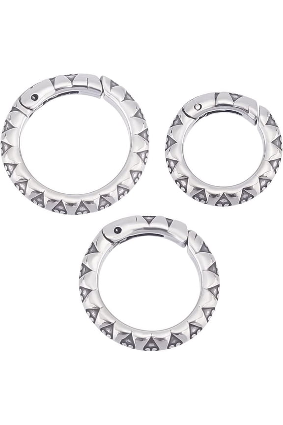 3Pcs 3 Sizes Spring Gate Rings 304 Stainless Steel Tibetan Style Textured Spring Clasps Silver 7 Gauge Carabiner Keyring Snap Rings Buckle for Decoration Keychain Making