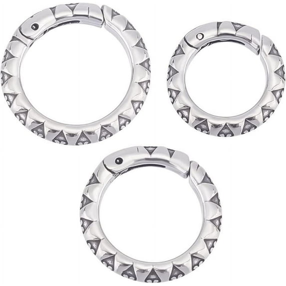 3Pcs 3 Sizes Spring Gate Rings 304 Stainless Steel Tibetan Style Textured Spring Clasps Silver 7 Gauge Carabiner Keyring Snap Rings Buckle for Decoration Keychain Making