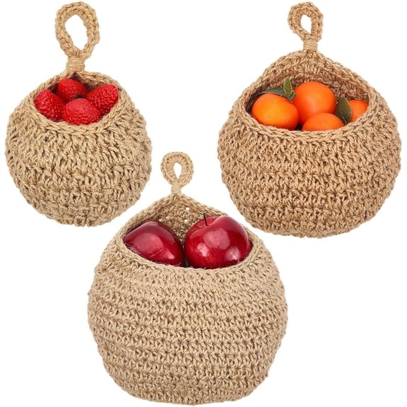 3Pcs 3 Sizes Teardrop Fruit Basket Brown Cotton Handmade Woven Rope Boho Vegetable Onion Wall Hanging Storage Organizer Holder Bag for Home Kitchen Restaurant Decor
