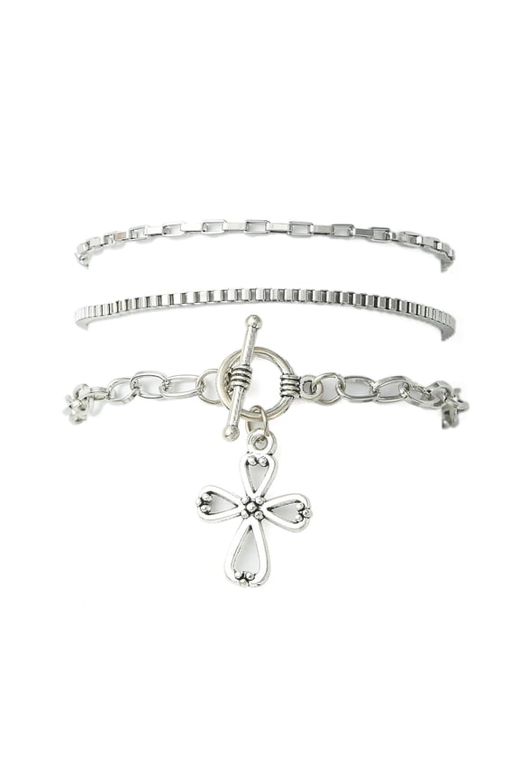 3Pcs 3 Style 316 Surgical Stainless Steel Box Venetian Chain Bracelets Set with Corss Iron Cable Stackable Bracelets 7-1/4~7-5/8 inch(18.5~19.5cm)