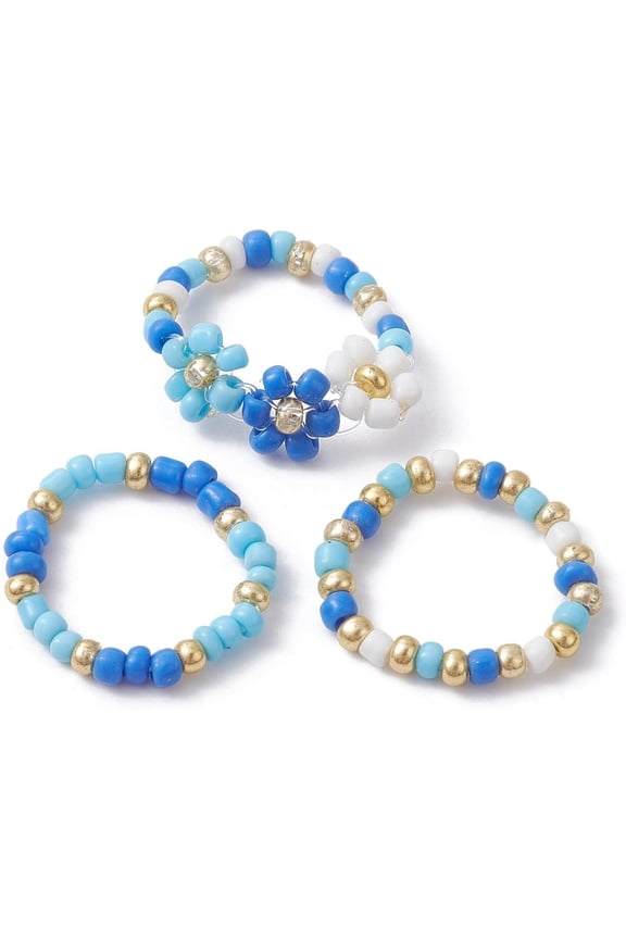 3Pcs 3 Style Glass Seed Beaded Stretch Rings Set Flower Stackable Rings Blue Size 7 1/4(17.5mm) 1Pc/style