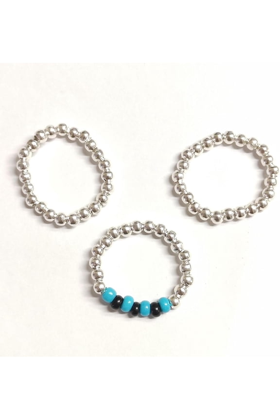 3Pcs 3 Style Iron Glass Seed Beaded Stretch Rings Set Stackable Finger Rings Dark Turquoise Inner Diameter: 18mm 1Pc/style for Handmade