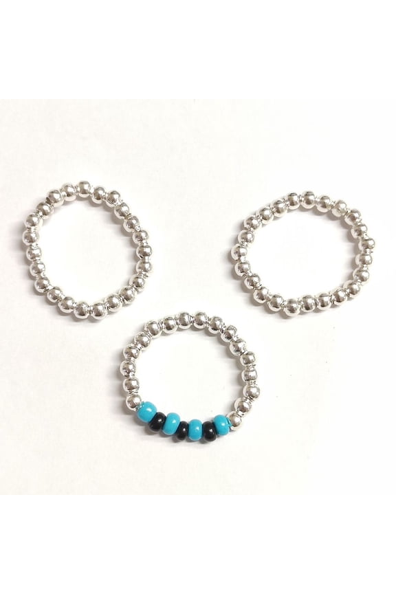 3Pcs 3 Style Iron Glass Seed Beaded Stretch Rings Set Stackable Finger Rings Dark Turquoise Inner Diameter: 18mm 1Pc/style
