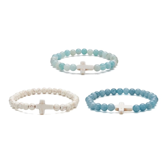 3Pcs 3 Style Natural Blue Quartz & Grade A Amazonite & Turquoise Cross Beaded Stretch Bracelets Set Mixed Color Inner Diameter: 2-3/8 inch(6cm) 1Pc/style