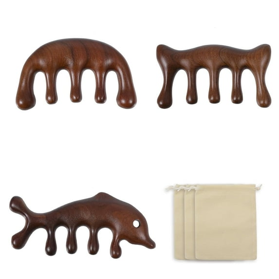 3Pcs 3 Style Sandalwood Large Wide Five-tooth Comb Massage Hair Brushes for Men and Women eith 3Pcs Rectangle Velvet Pouches Coconut Brown 5~5.4x9.6~12x1.65~1.9cm 1pc/style