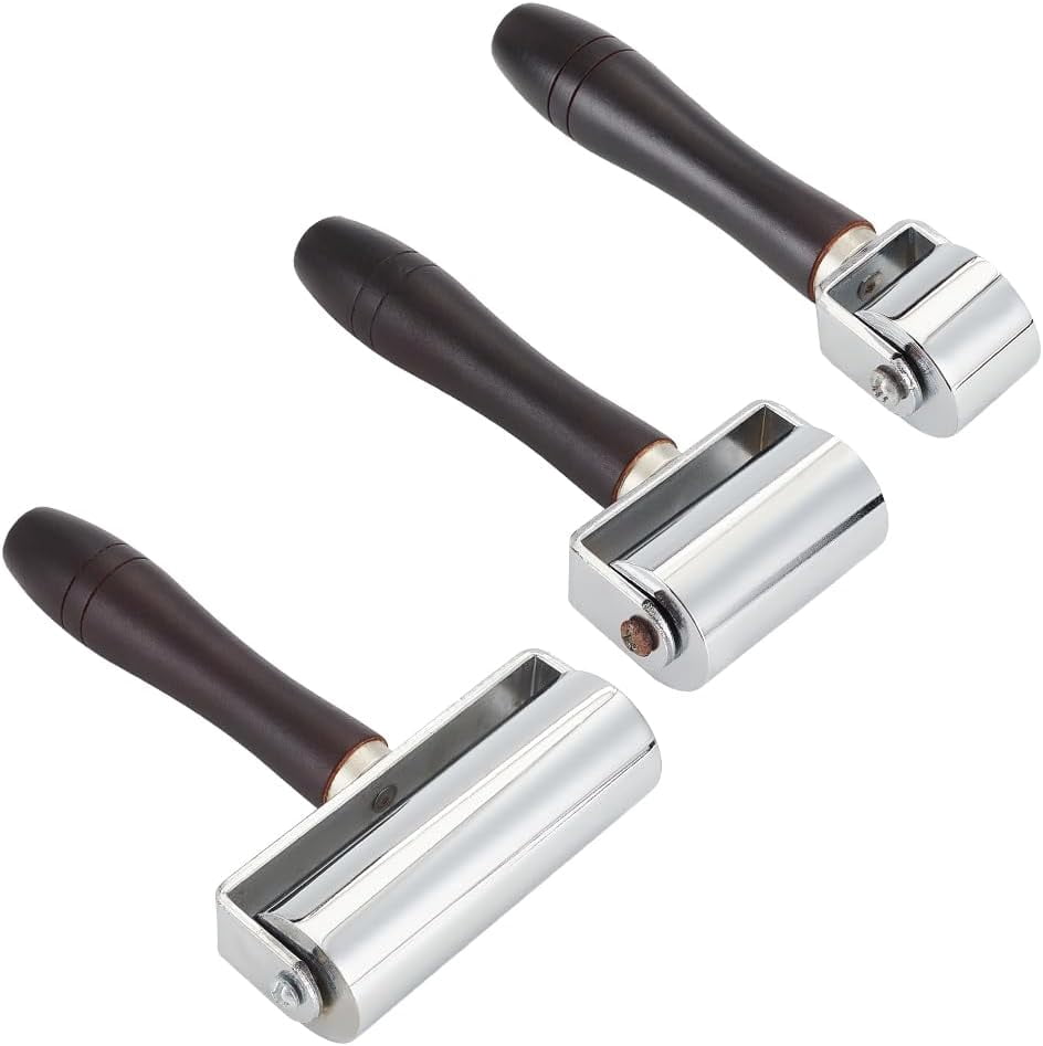 Keadic 3-Piece Leather Edge Roller Set – 1, 2.4 & 4 Inch Metal Press Rollers With Wooden Handles For Leather Gluing & Smoothing