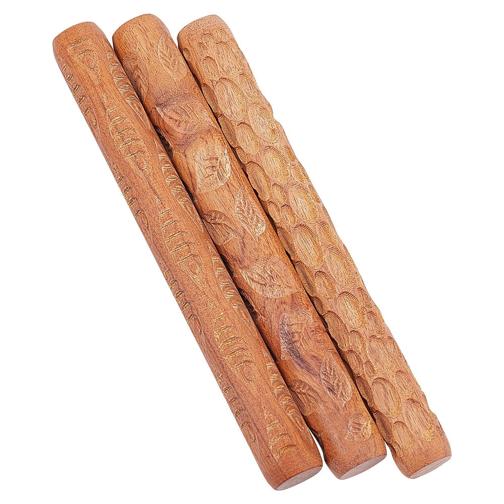 3Pcs 3 Style Wooden Handle Clay Texture Roller Pottery Tools Stone/Leaf/Fish Pattern Mixed Patterns 12x1.5cm 1pc/style