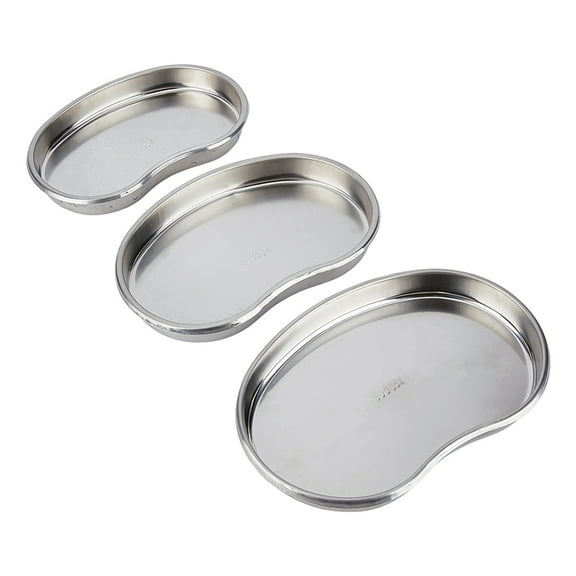 3Pcs 3 Styles 304 Stainless Steel Surgical Tray Medical Dental Disinfection Tool Tray Curved Oval/Kidney Shape 183~215x120~150x23~24mm Inner Diameter: 170~203x100~133x21~23mm 1pc/style
