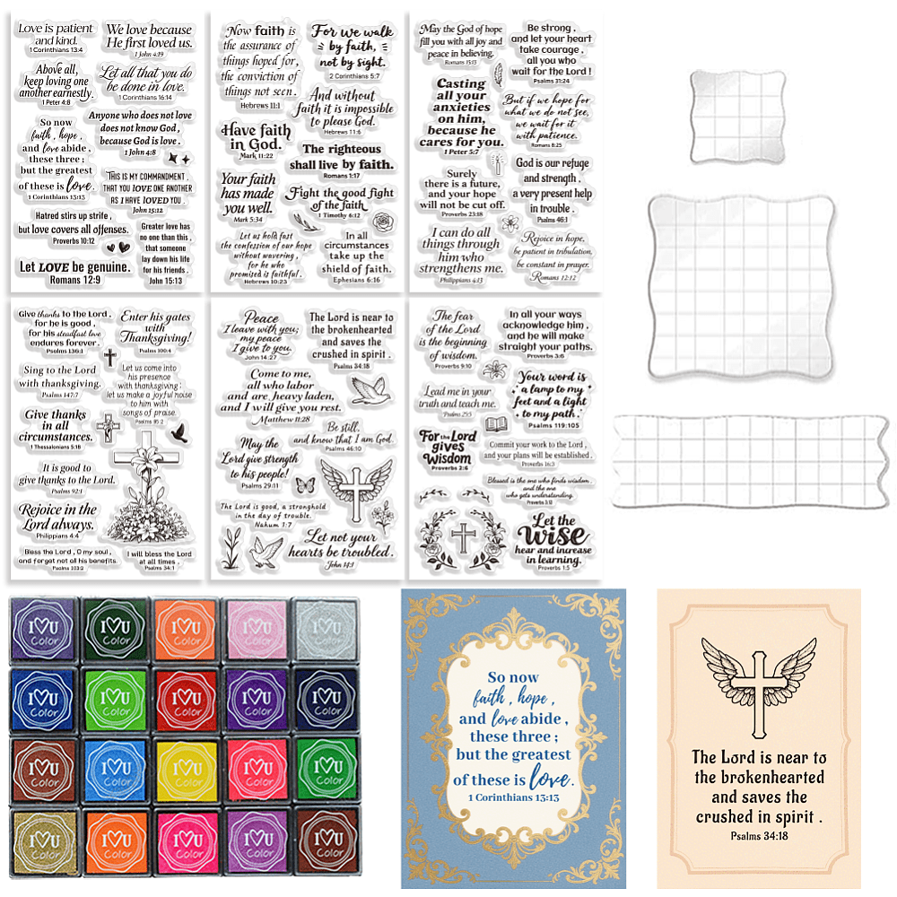 3Pcs 3 Styles Bible Theme Acrylic Stamping Blocks Tools 6Pcs PVC Plastic Stamps 20 Colors Plastic Craft Finger Ink Pad Stamps Set