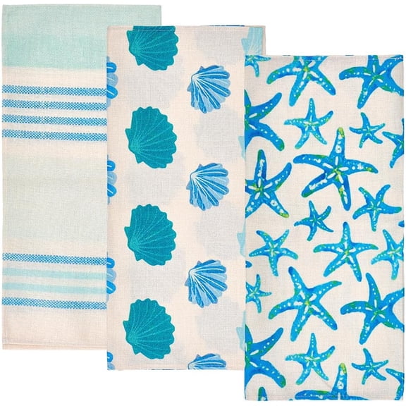 3Pcs 3 Styles Blue Kitchen Towels Cloth Washable Sea Ocean Beach Theme Comber House Themed Starfish Shells Collection Dishcloth Dish Towel Set for Home Cleaning Dishtowels