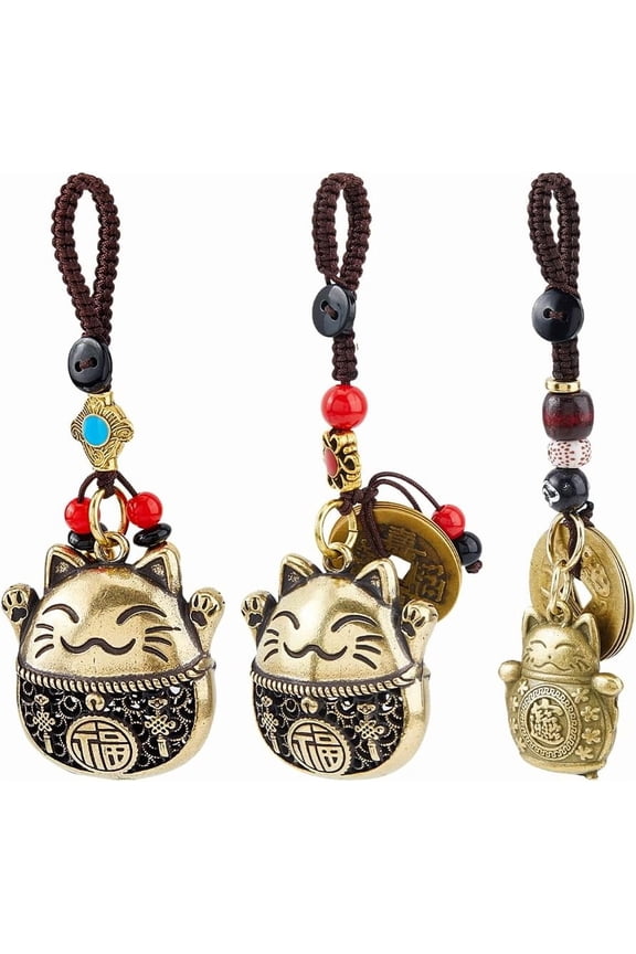 3Pcs 3 Styles Brass Lucky Cat Pendant Decoration with Resin Mixed Color 129~138.5mm 1pc/style