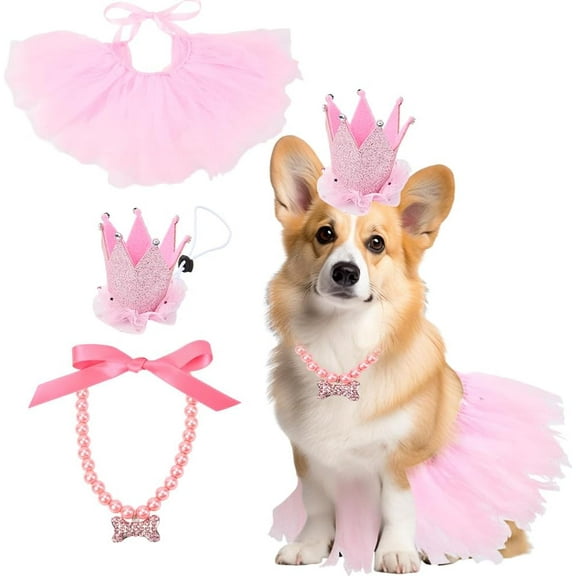 3Pcs 3 Styles Cat Princess Costumes Pink Dog Costume Organza Adjustable Small Pet Hat Bowknot Pearl Necklace Lace Tutu Outfit for Pets Birthday Christmas Party Decor Set Accessories