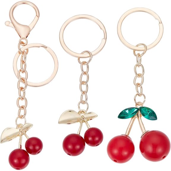 3Pcs 3 Styles Cherry Charm Keychains Fruit Key Chain Gold Metal Alloy Enamel Fruits Red Cherries Green Leaves Hanging Pendant Tassel Keyring Keychain Bags Accessories Light Gold