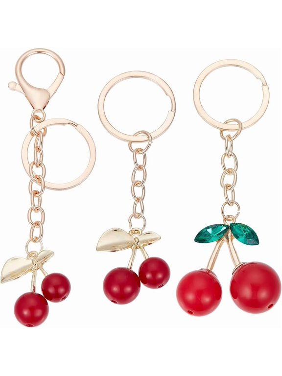 3Pcs 3 Styles Cherry Charm Keychains Fruit Key Chain Gold Metal Alloy Enamel Fruits Red Cherries Green Leaves Hanging Pendant Tassel Keyring Keychain Bags Accessories Light Gold
